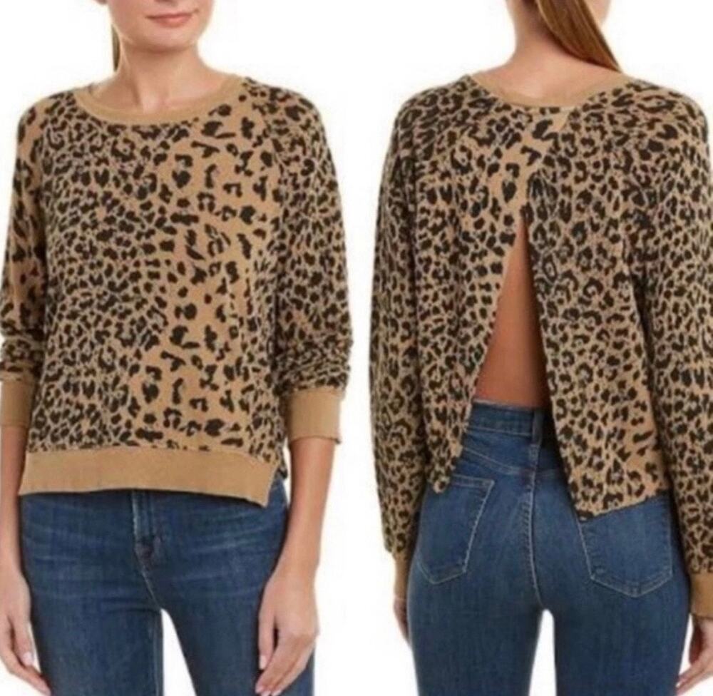 Current/Elliott Leopard Split Back Sweater Small LS Crewneck Animal Print